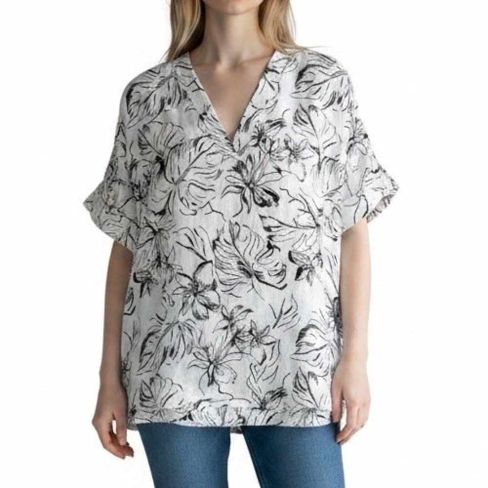 Joie 100% Linen Blouse Womens 2X Plus White Black Floral V Neck Oversized Top
